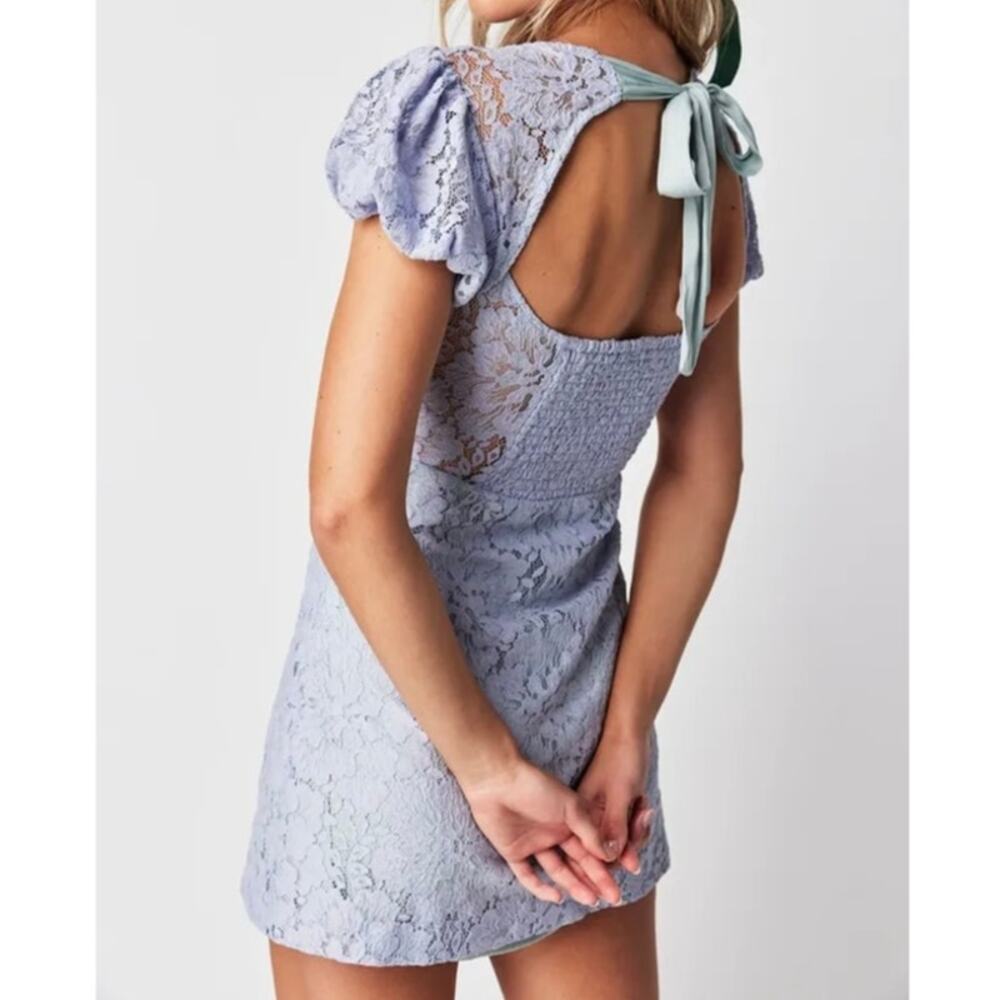 Free People Hailee Lace Mini Open Tie Back A Line Puff Sleeve Dress Womens Large